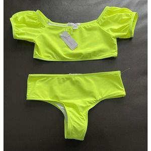 Stella Cove neon yellow 2 piece set swimsuit bikini size 16y covered shoulders